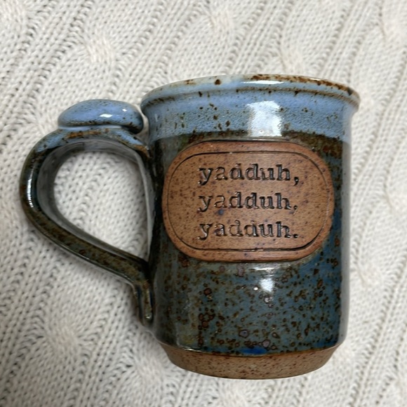 Artisan glazed coffee cup. Pottery. Stoneware. Yadduh, yaddah, yaddah on front - Picture 3 of 9
